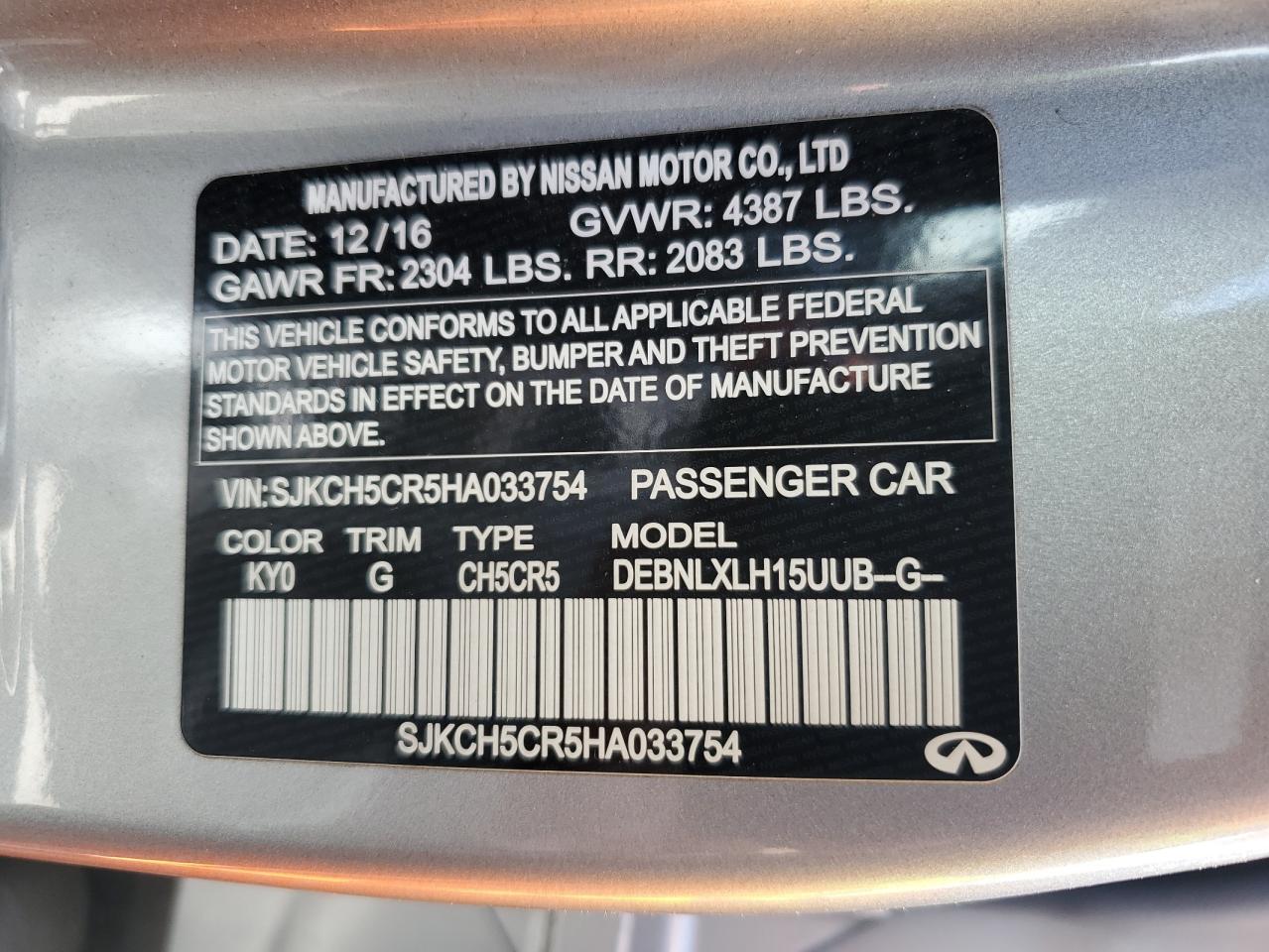 2017 Infiniti Qx30 Base VIN: SJKCH5CR5HA033754 Lot: 62792285
