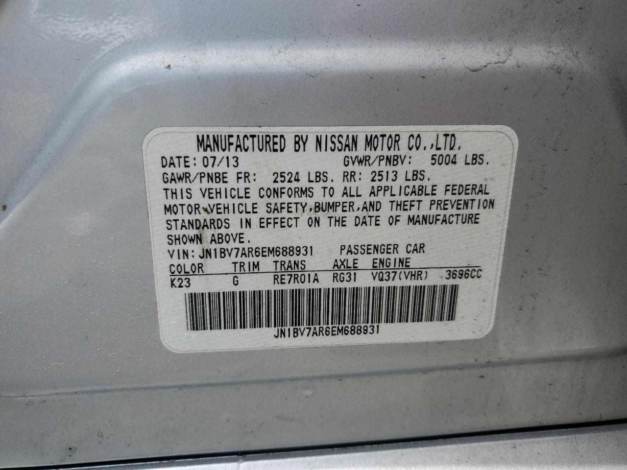 2014 Infiniti Q50 Base VIN: JN1BV7AR6EM688931 Lot: 60409665