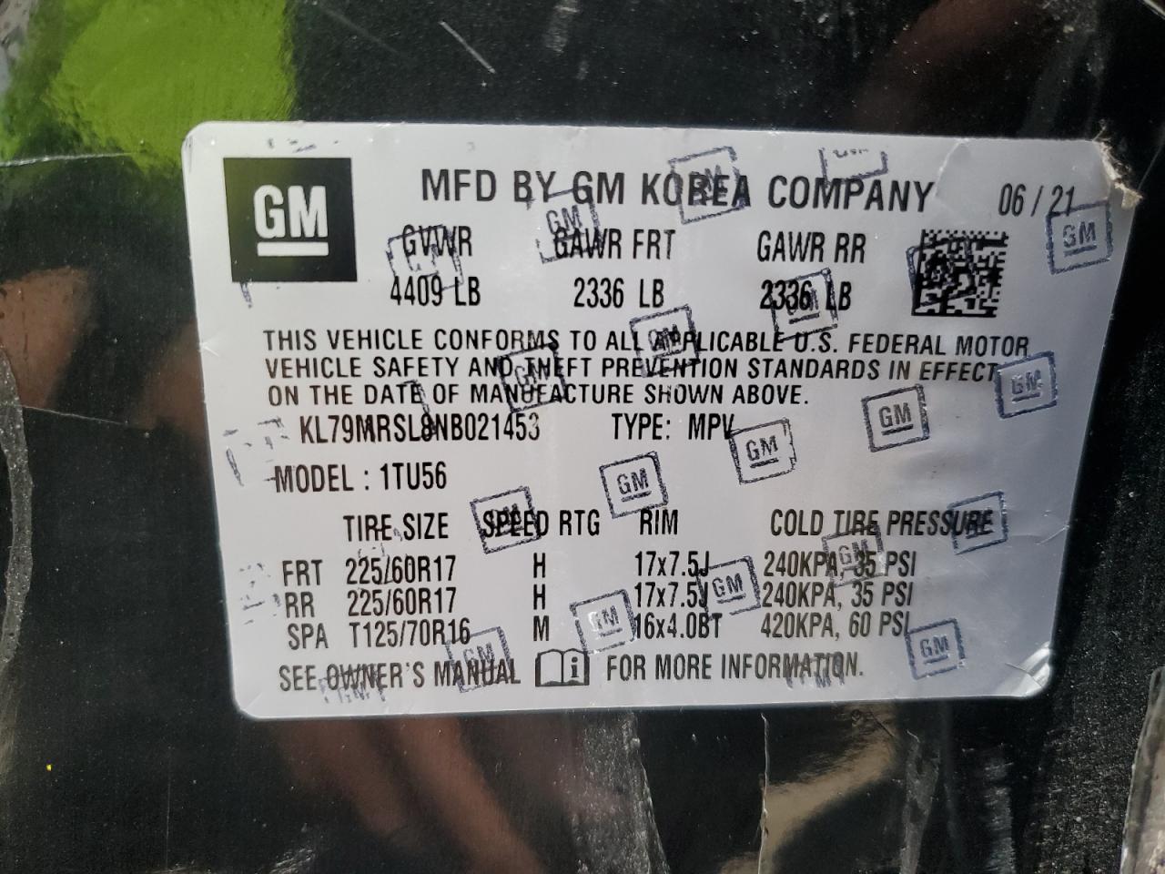 2022 Chevrolet Trailblazer Lt VIN: KL79MRSL8NB021453 Lot: 59579525