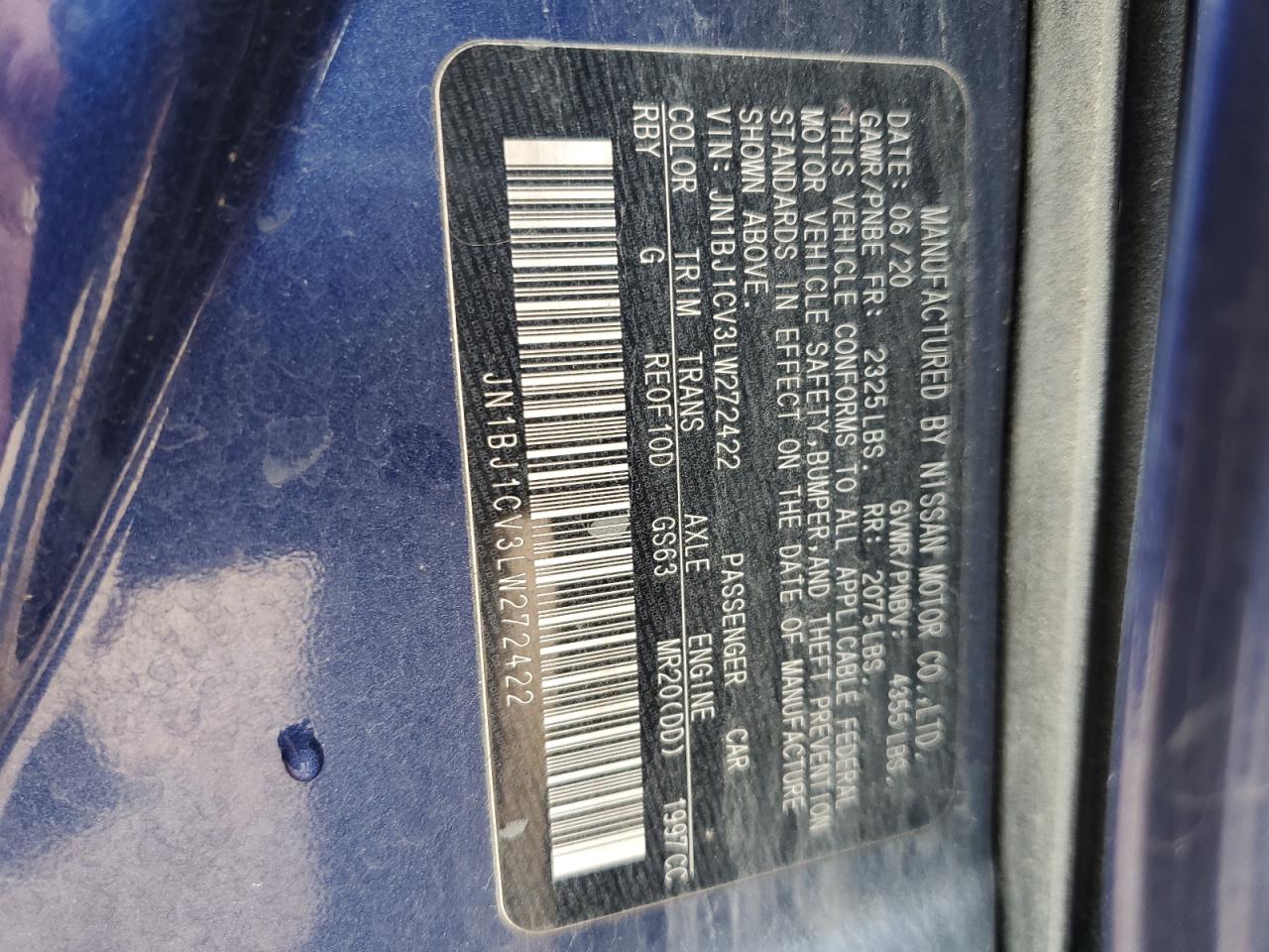 2020 Nissan Rogue Sport S VIN: JN1BJ1CV3LW272422 Lot: 63234185