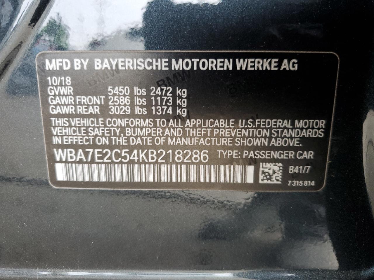 2019 BMW 740 I VIN: WBA7E2C54KB218286 Lot: 62347855