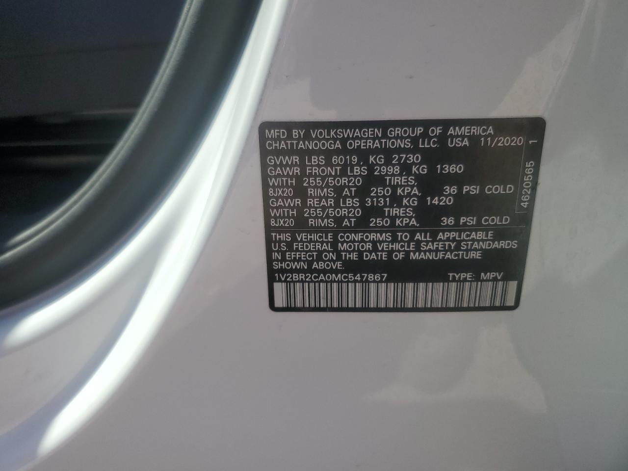 2021 Volkswagen Atlas Sel VIN: 1V2BR2CA0MC547867 Lot: 62005795