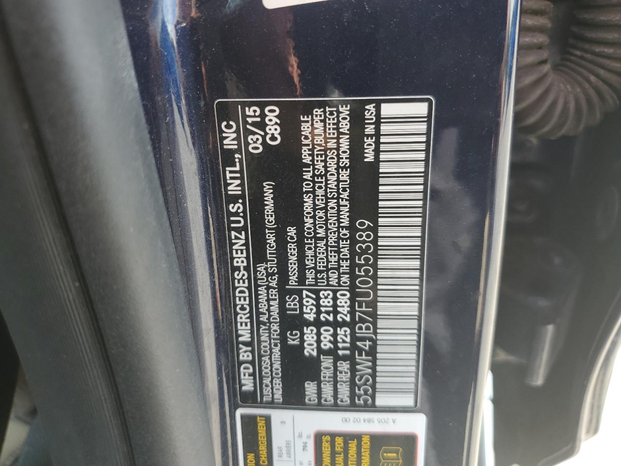 2015 Mercedes-Benz C 300 VIN: 55SWF4JB7FU055389 Lot: 61309175