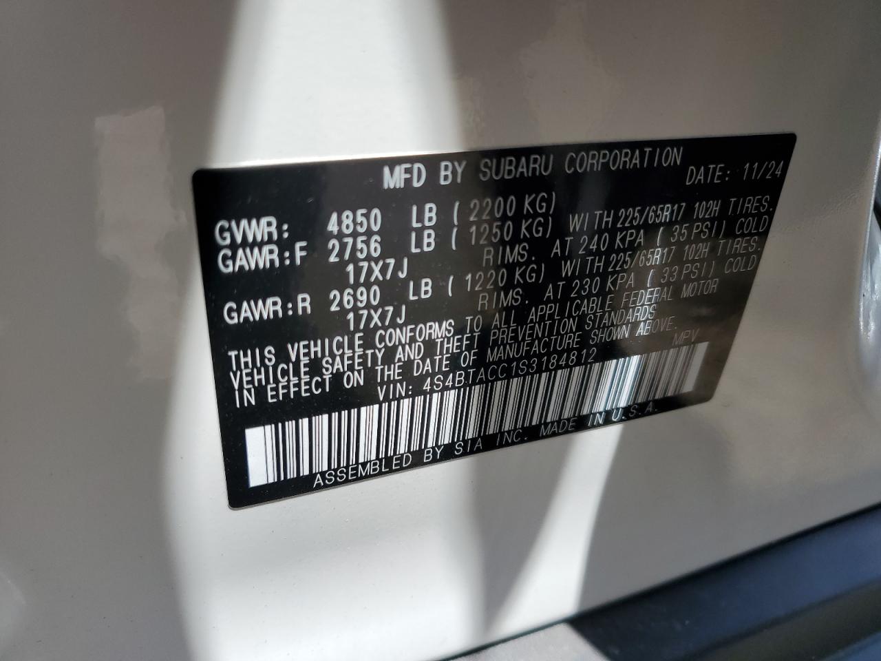 2025 Subaru Outback Premium VIN: 4S4BTACC1S3184812 Lot: 61249205