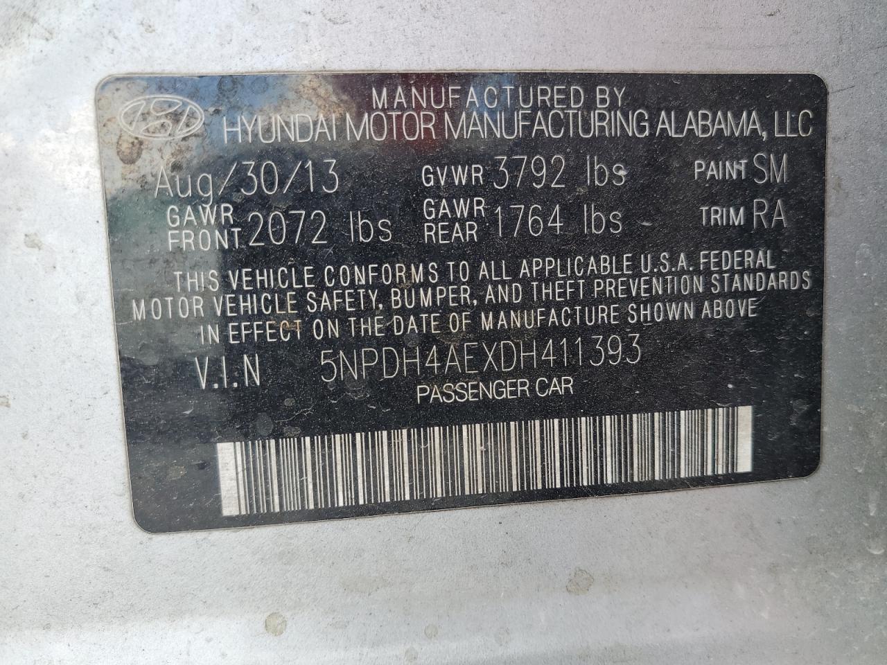 2013 Hyundai Elantra Gls VIN: 5NPDH4AEXDH411393 Lot: 62668905