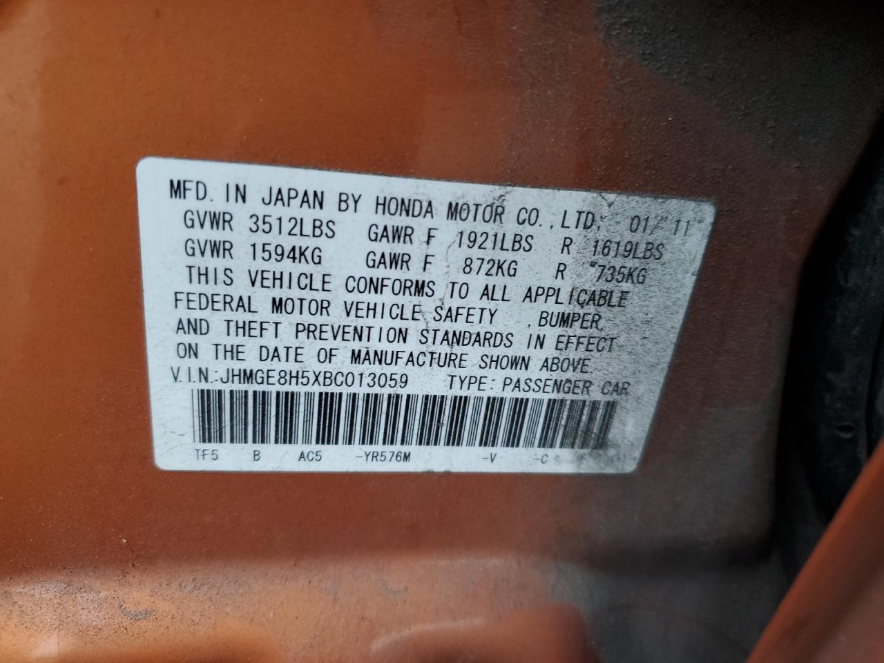 2011 Honda Fit Sport VIN: JHMGE8H5XBC013059 Lot: 59559215