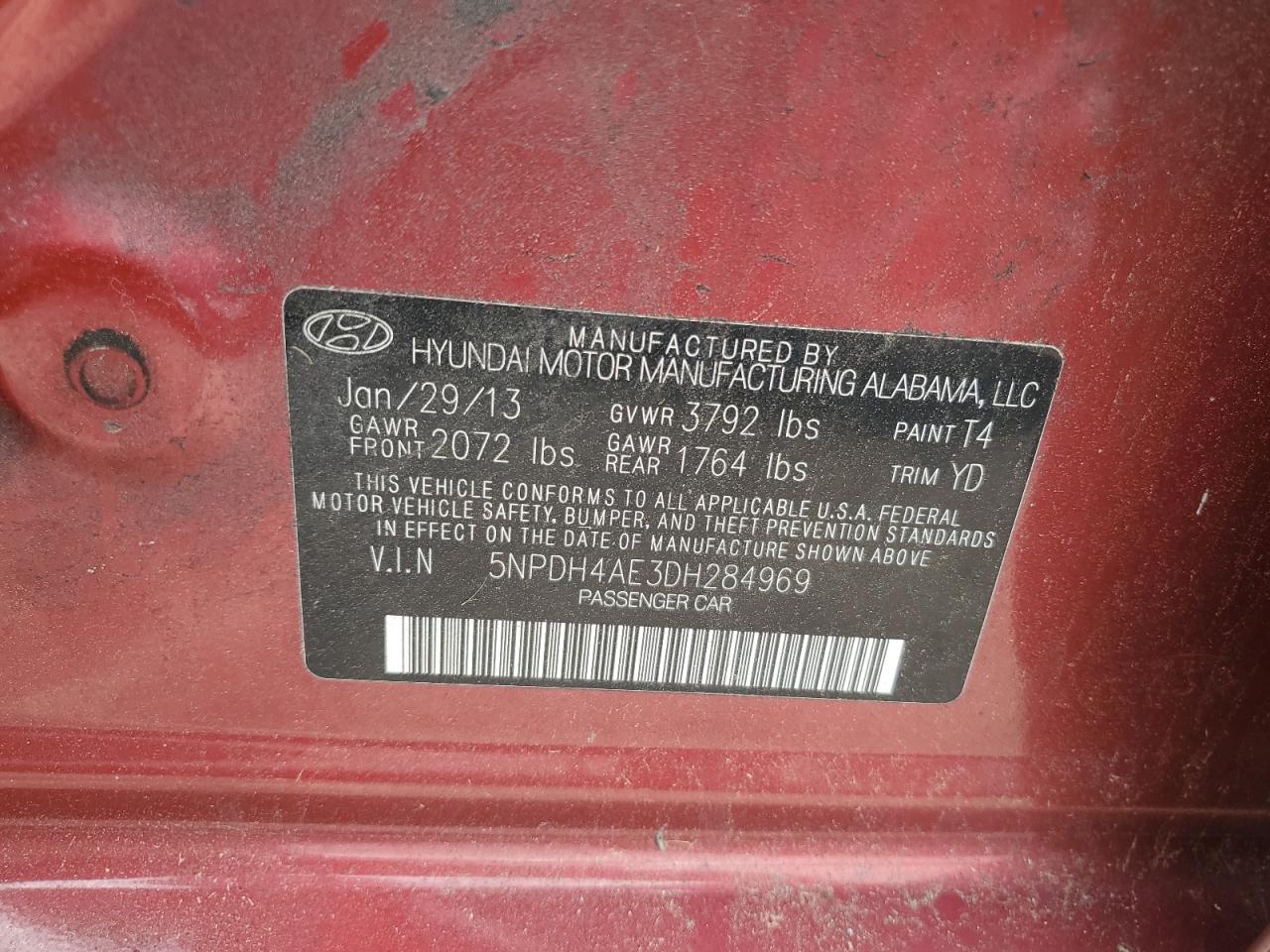 2013 Hyundai Elantra Gls VIN: 5NPDH4AE3DH284969 Lot: 61418505