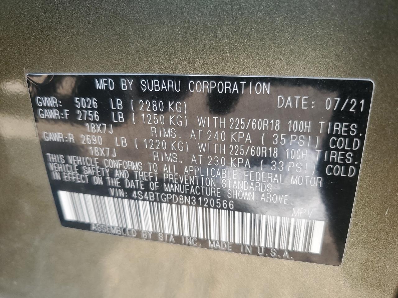 2022 Subaru Outback Touring VIN: 4S4BTGPD8N3120566 Lot: 59282975