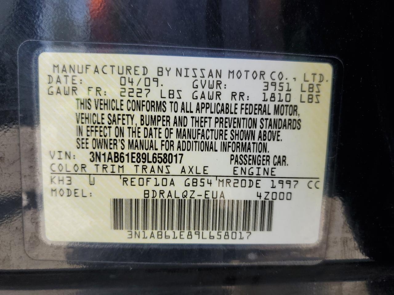 2009 Nissan Sentra 2.0 VIN: 3N1AB61E89L658017 Lot: 60730525