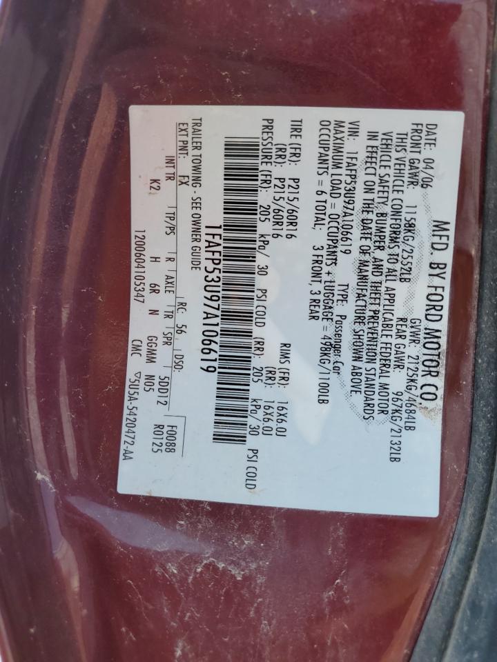 2007 Ford Taurus Se VIN: 1FAFP53U97A106619 Lot: 60061335