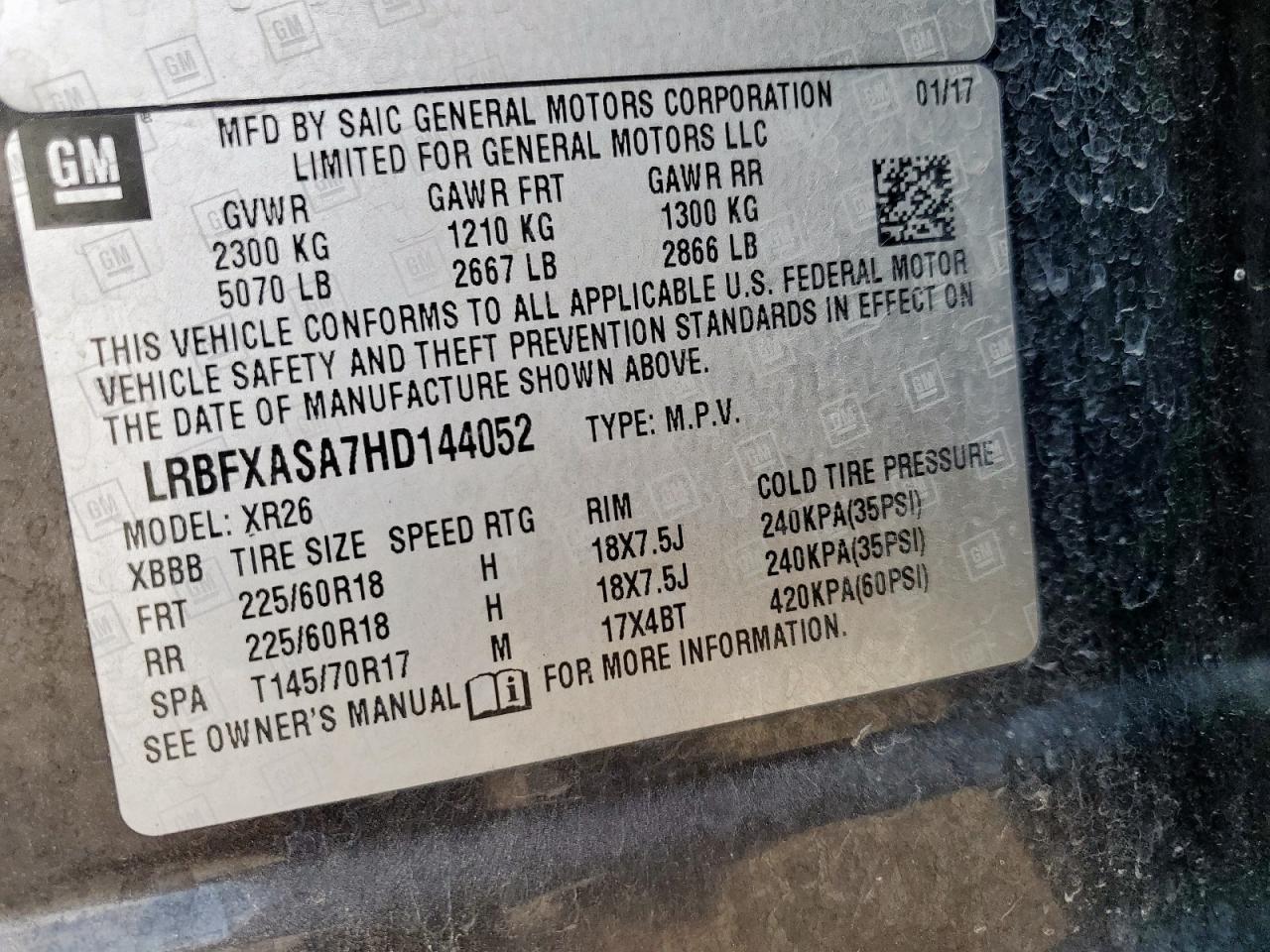 2017 Buick Envision Preferred VIN: LRBFXASA7HD144052 Lot: 61962765