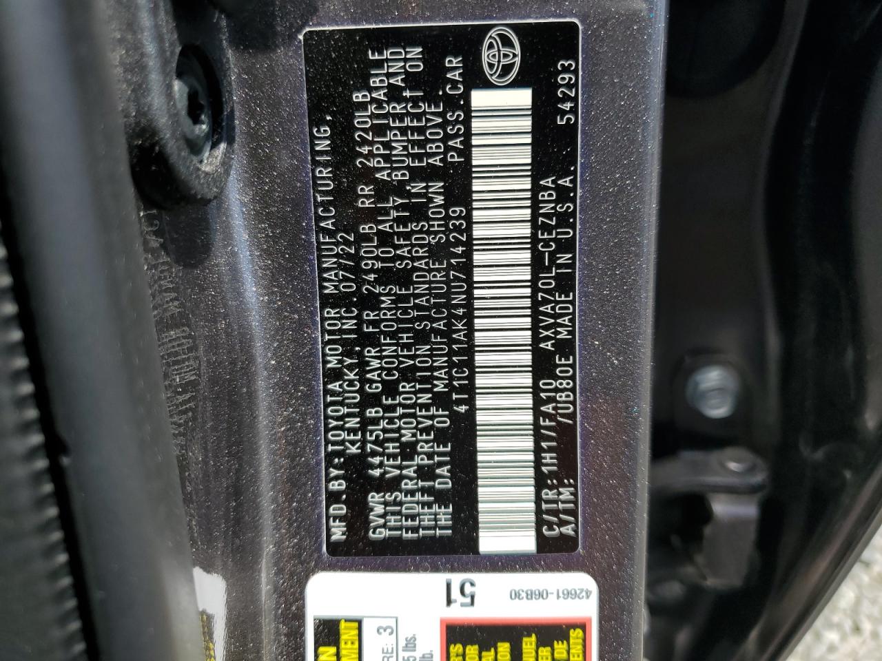 2022 Toyota Camry Le VIN: 4T1C11AK4NU714239 Lot: 62382015