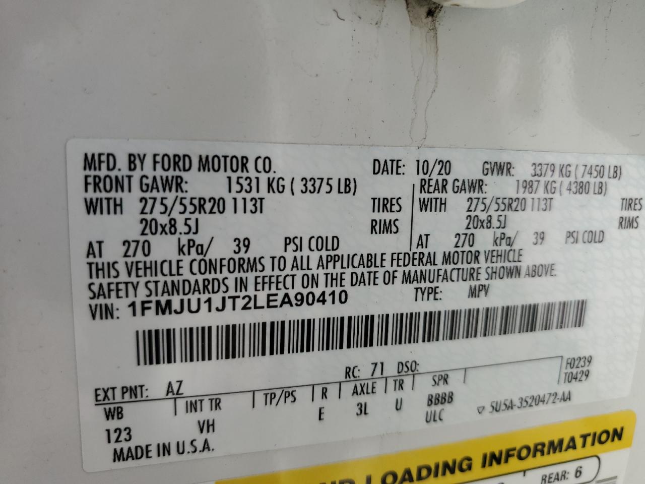 2020 Ford Expedition Xlt VIN: 1FMJU1JT2LEA90410 Lot: 60546655