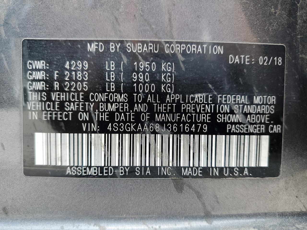 2018 Subaru Impreza VIN: 4S3GKAA68J3616479 Lot: 62780605