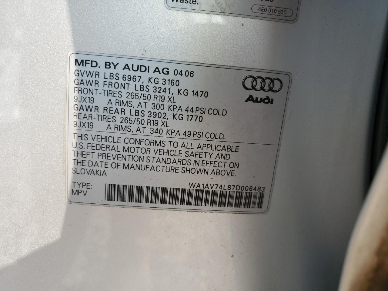 2007 Audi Q7 4.2 Quattro VIN: WA1AV74L87D006483 Lot: 58687125