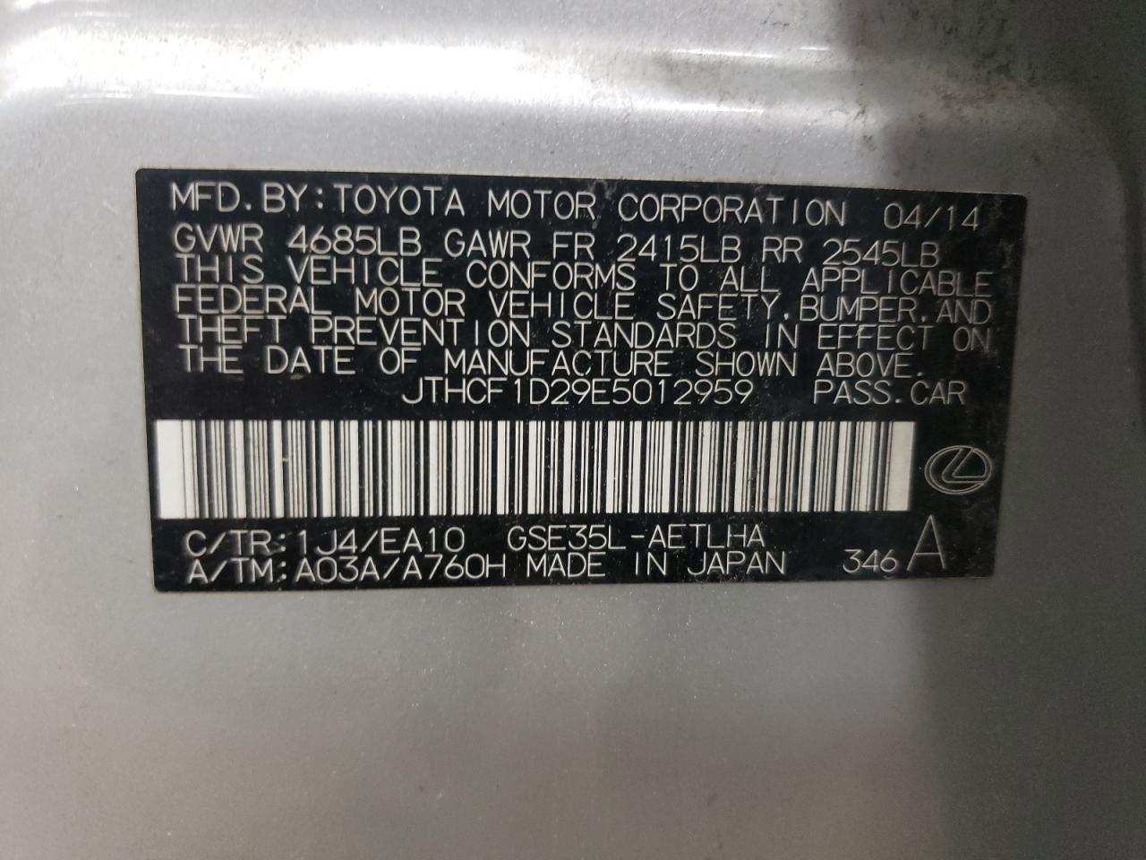 2014 Lexus Is 250 VIN: JTHCF1D29E5012959 Lot: 62414835
