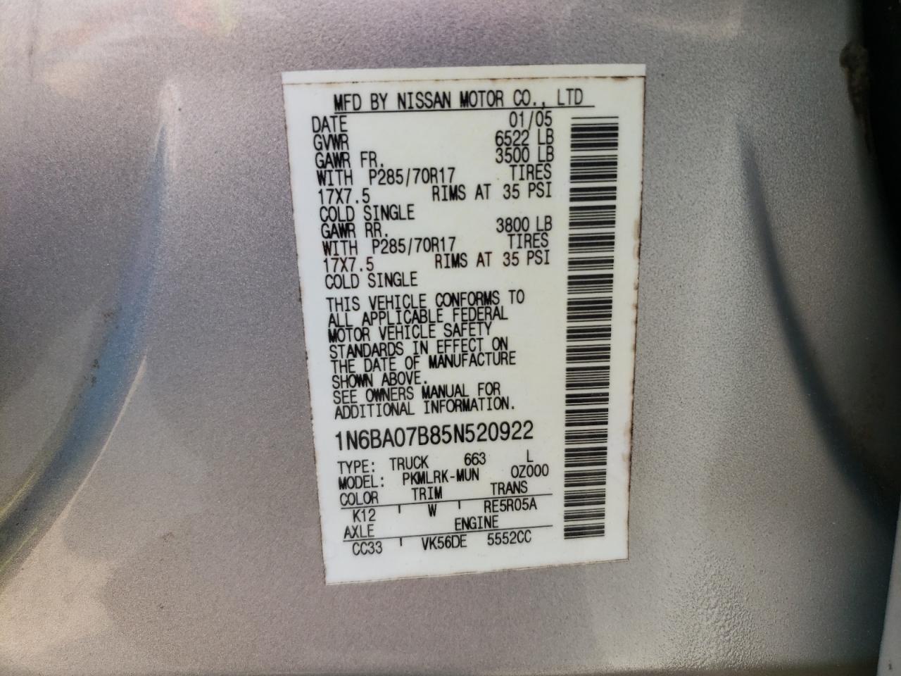 2005 Nissan Titan Xe VIN: 1N6BA07B85N520922 Lot: 59089845