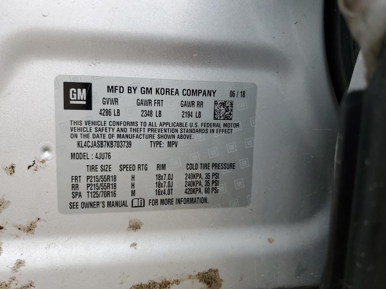 2019 Buick Encore Preferred VIN: KL4CJASB7KB703739 Lot: 59146615