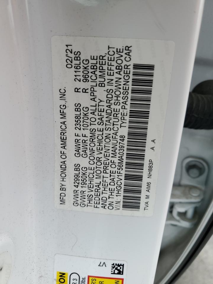 2021 Honda Accord Exl VIN: 1HGCV1F56MA039748 Lot: 62228375