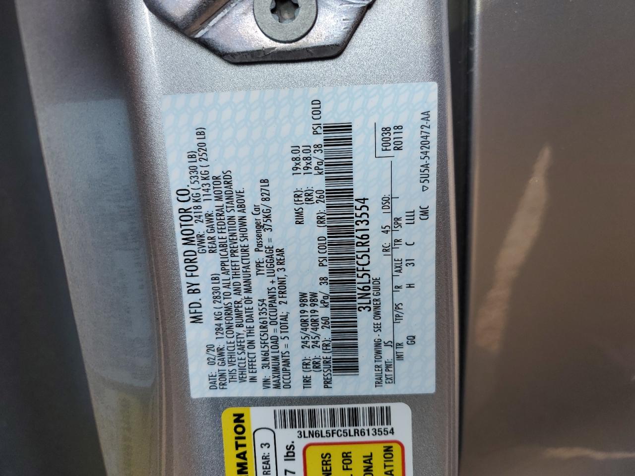 2020 Lincoln Mkz Reserve VIN: 3LN6L5FC5LR613554 Lot: 58954525