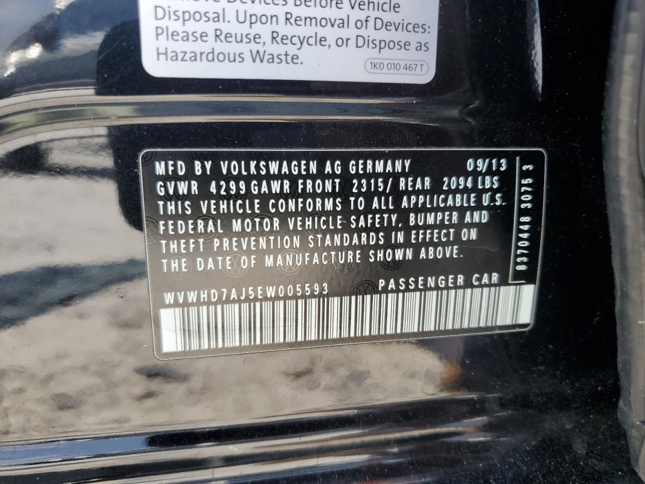2014 Volkswagen Gti VIN: WVWHD7AJ5EW005593 Lot: 59184335