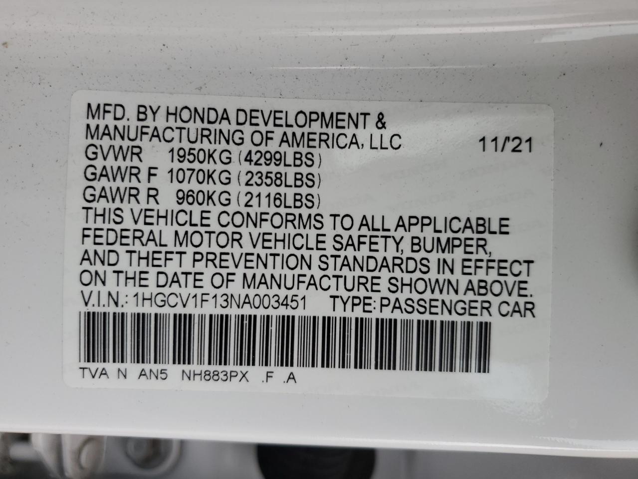 HONDA ACCORD 2022 VIN 1HGCV1F13NA003451 фото 12