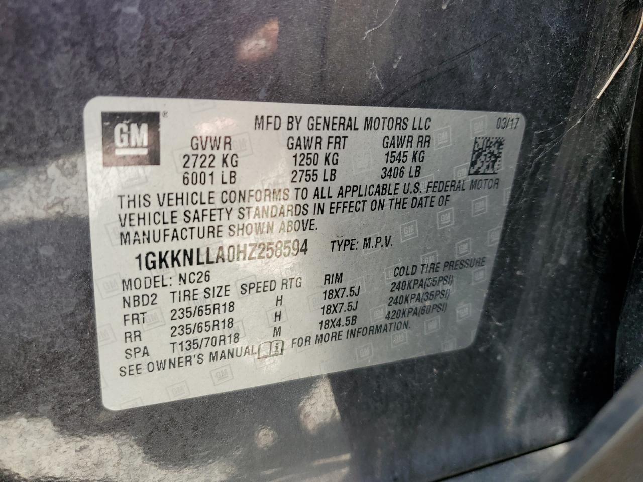 GMC ACADIA 2017 VIN 1GKKNLLA0HZ258594 photo 12