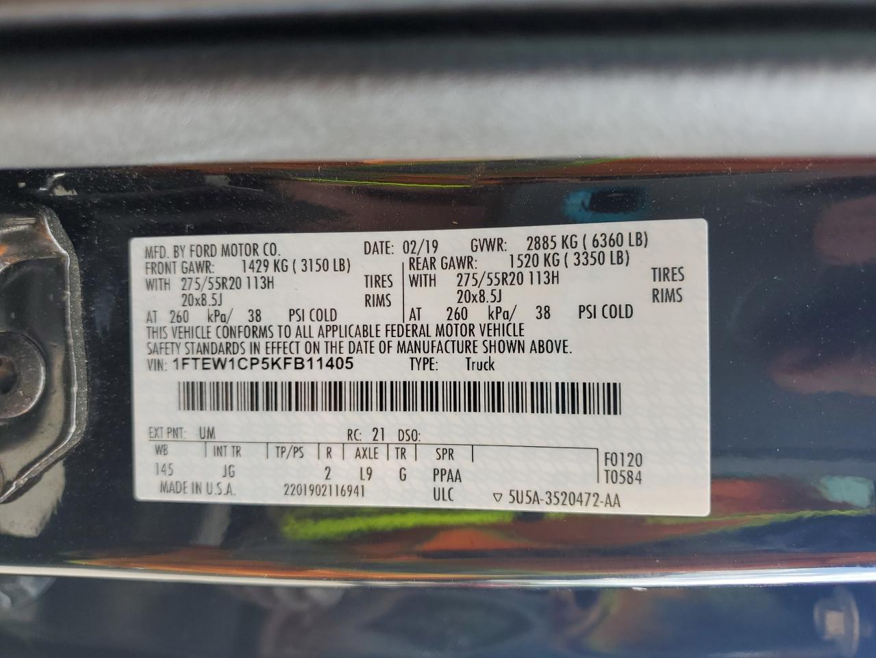 2019 Ford F150 Supercrew VIN: 1FTEW1CP5KFB11405 Lot: 62651795