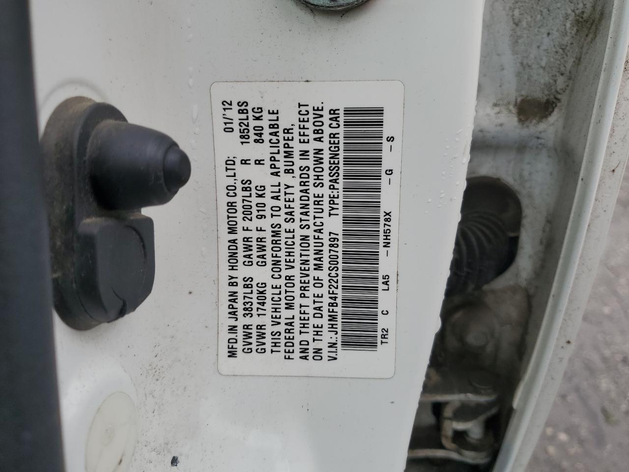 2012 Honda Civic Hybrid VIN: JHMFB4F22CS007897 Lot: 59546055