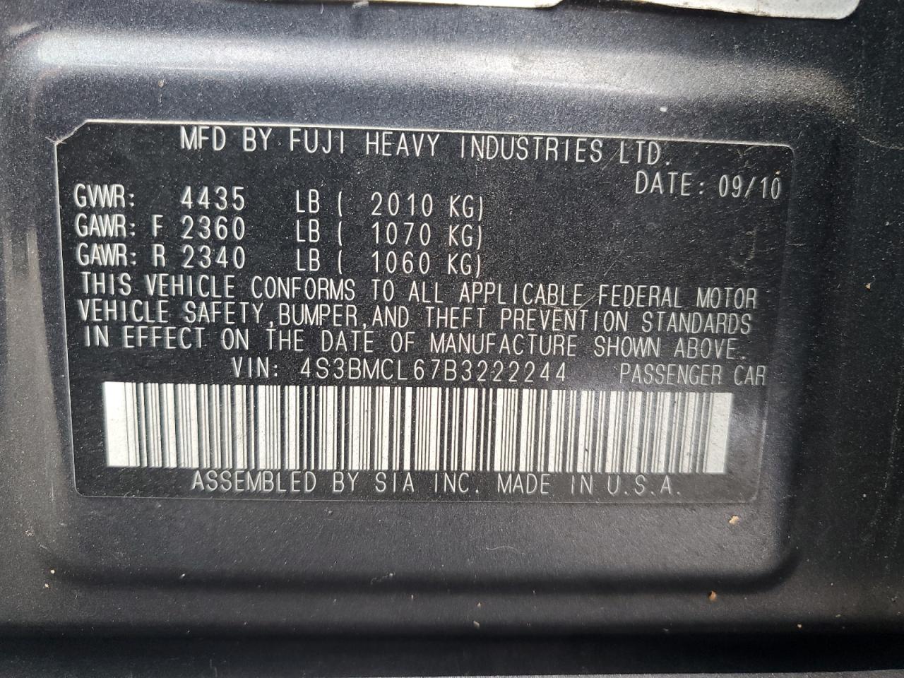 2011 Subaru Legacy 2.5I Limited VIN: 4S3BMCL67B3222244 Lot: 59734505