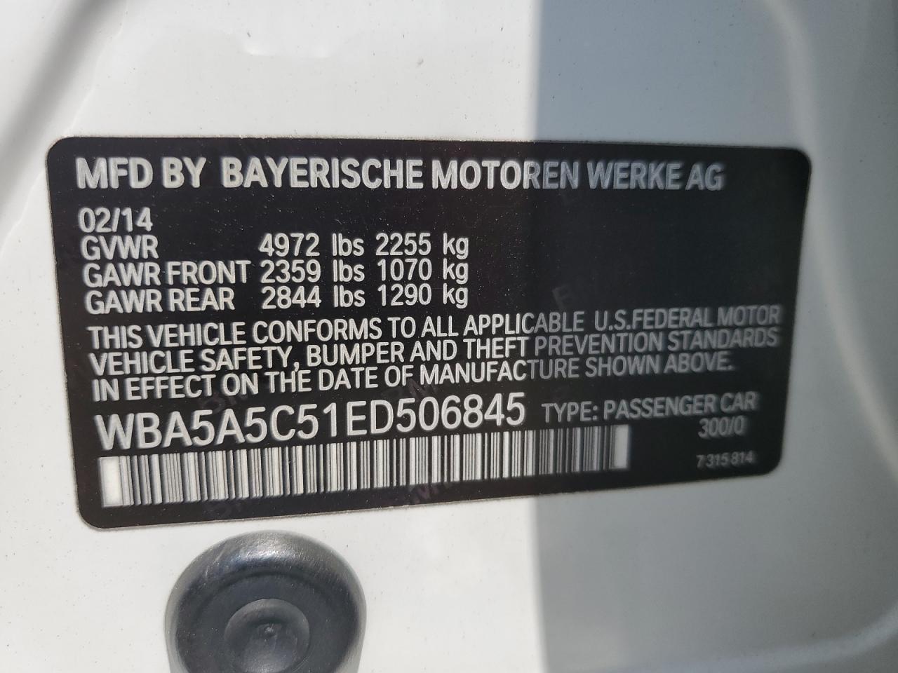 2014 BMW 528 I VIN: WBA5A5C51ED506845 Lot: 62374835