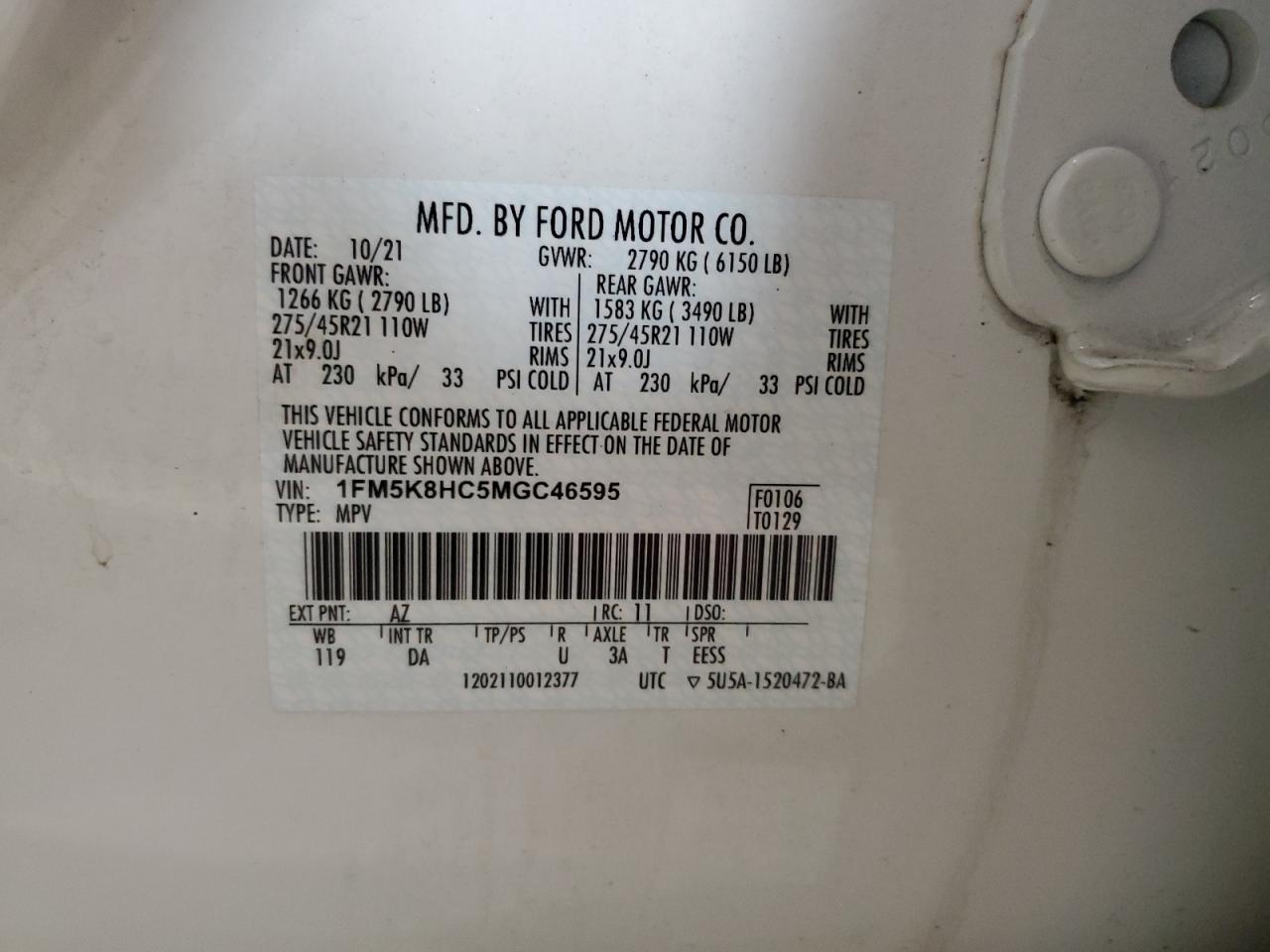 2021 Ford Explorer Platinum VIN: 1FM5K8HC5MGC46595 Lot: 62270105