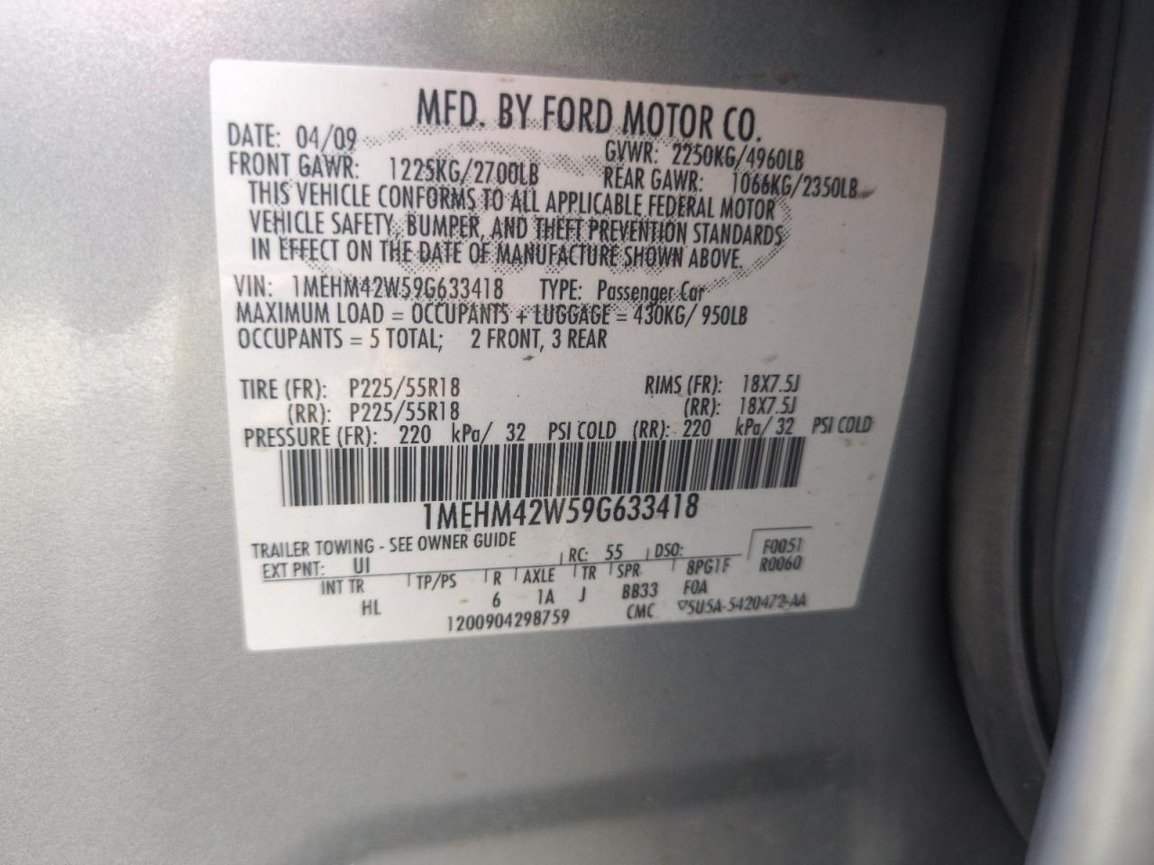 2009 Mercury Sable Premier VIN: 1MEHM42W59G633418 Lot: 62094505