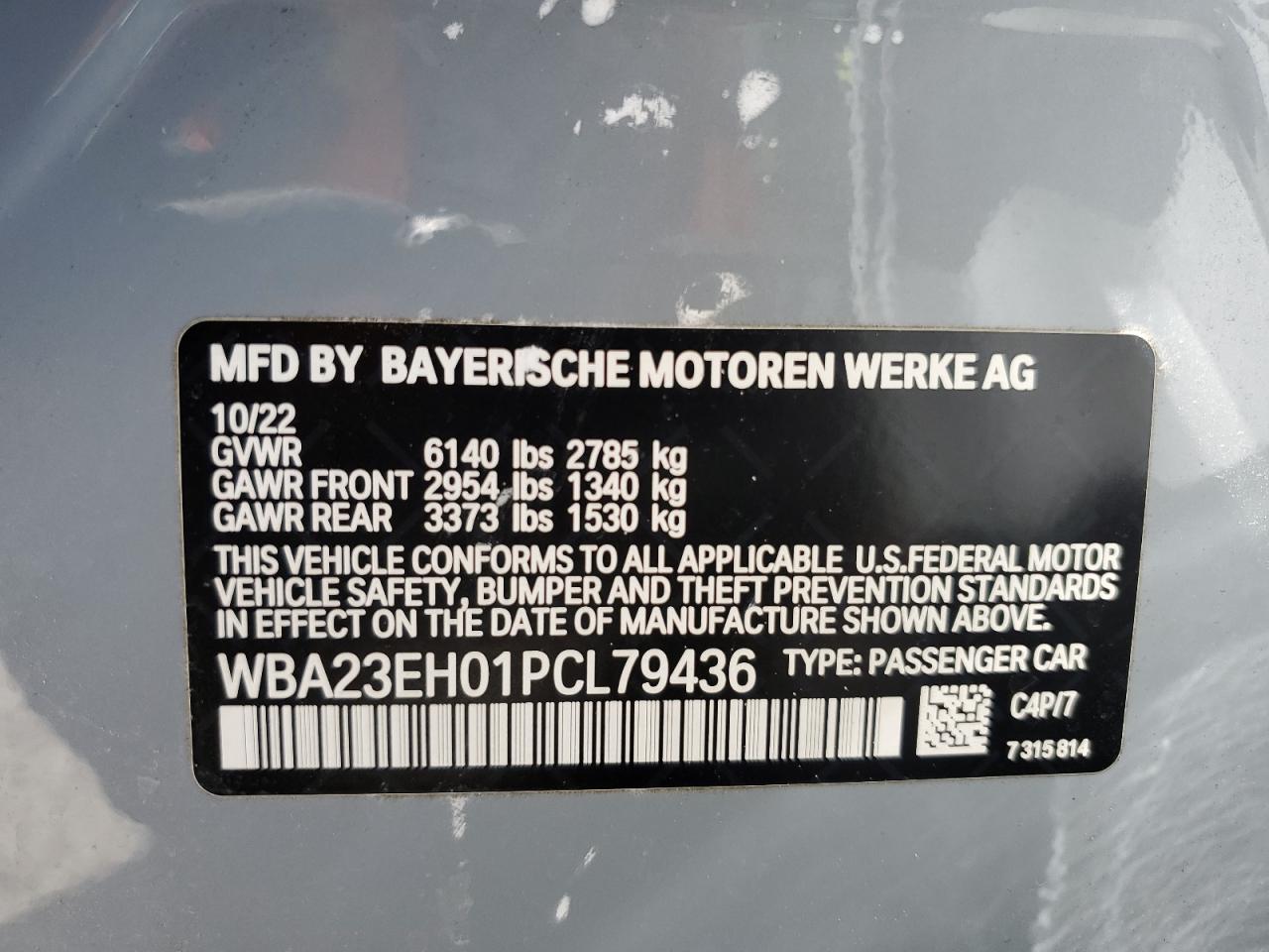 2023 BMW 740 I VIN: WBA23EH01PCL79436 Lot: 61793025