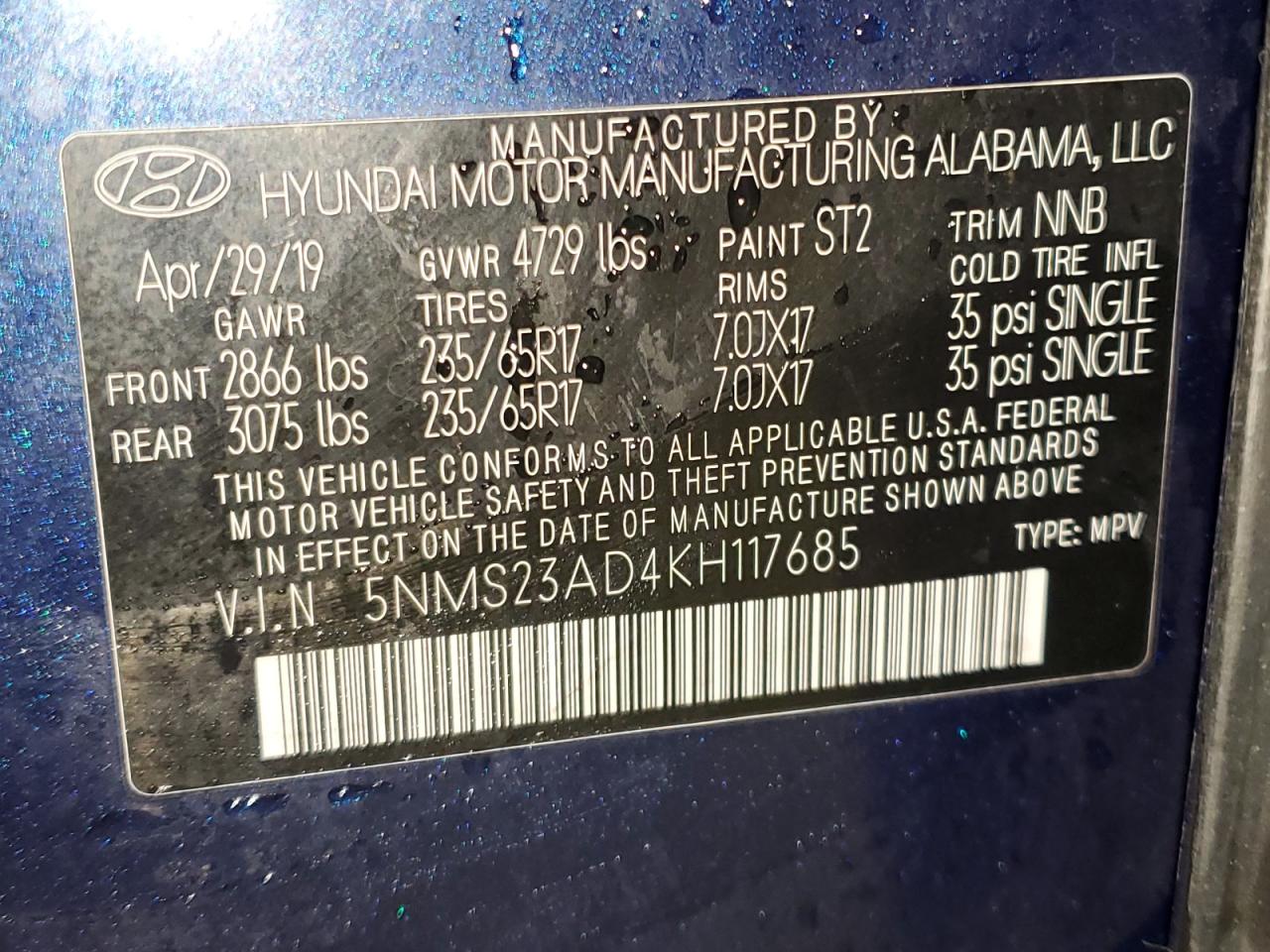 2019 Hyundai Santa Fe Se VIN: 5NMS23AD4KH117685 Lot: 61844785