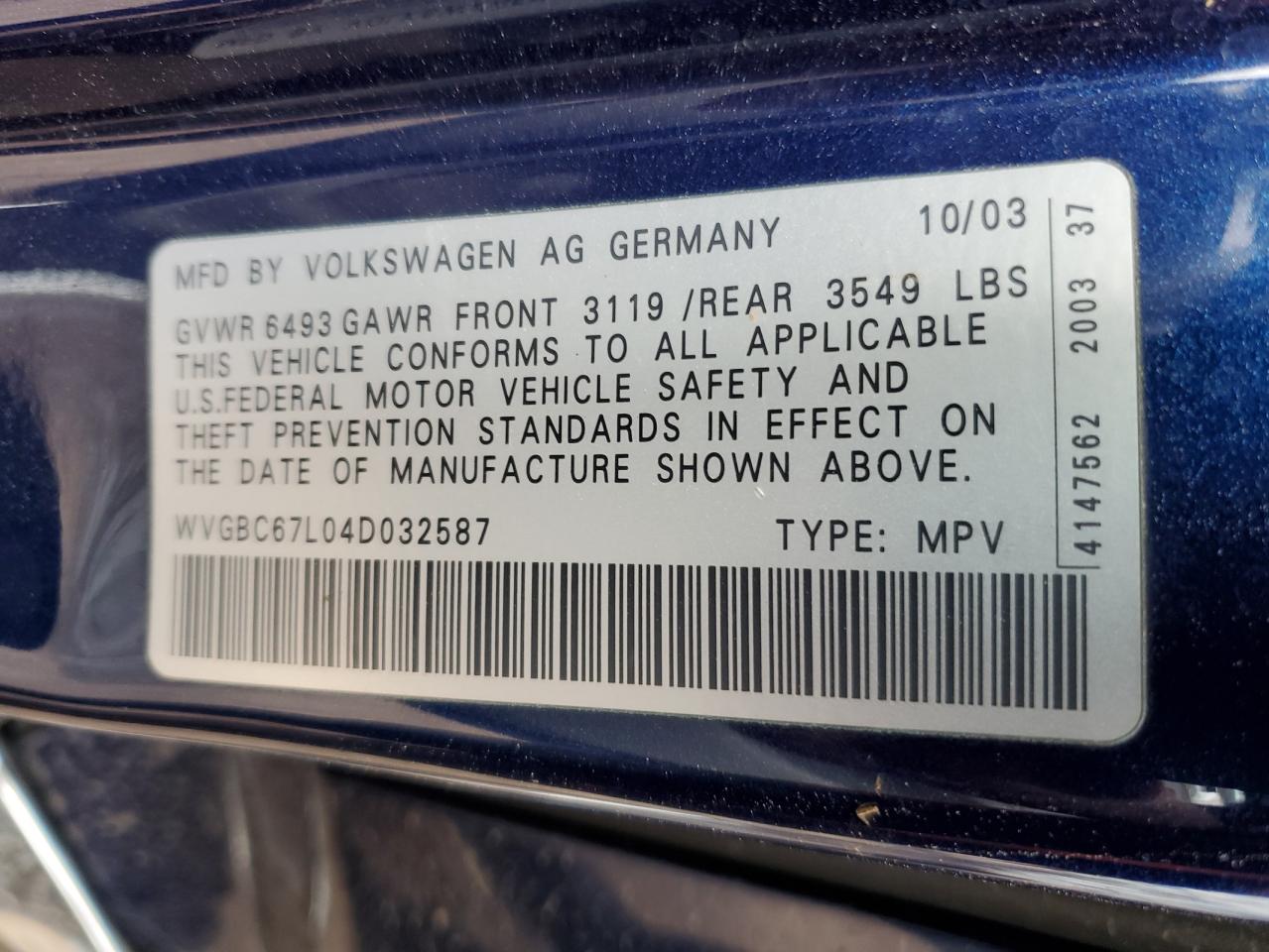 2004 Volkswagen Touareg 3.2 VIN: WVGBC67L04D032587 Lot: 61961965