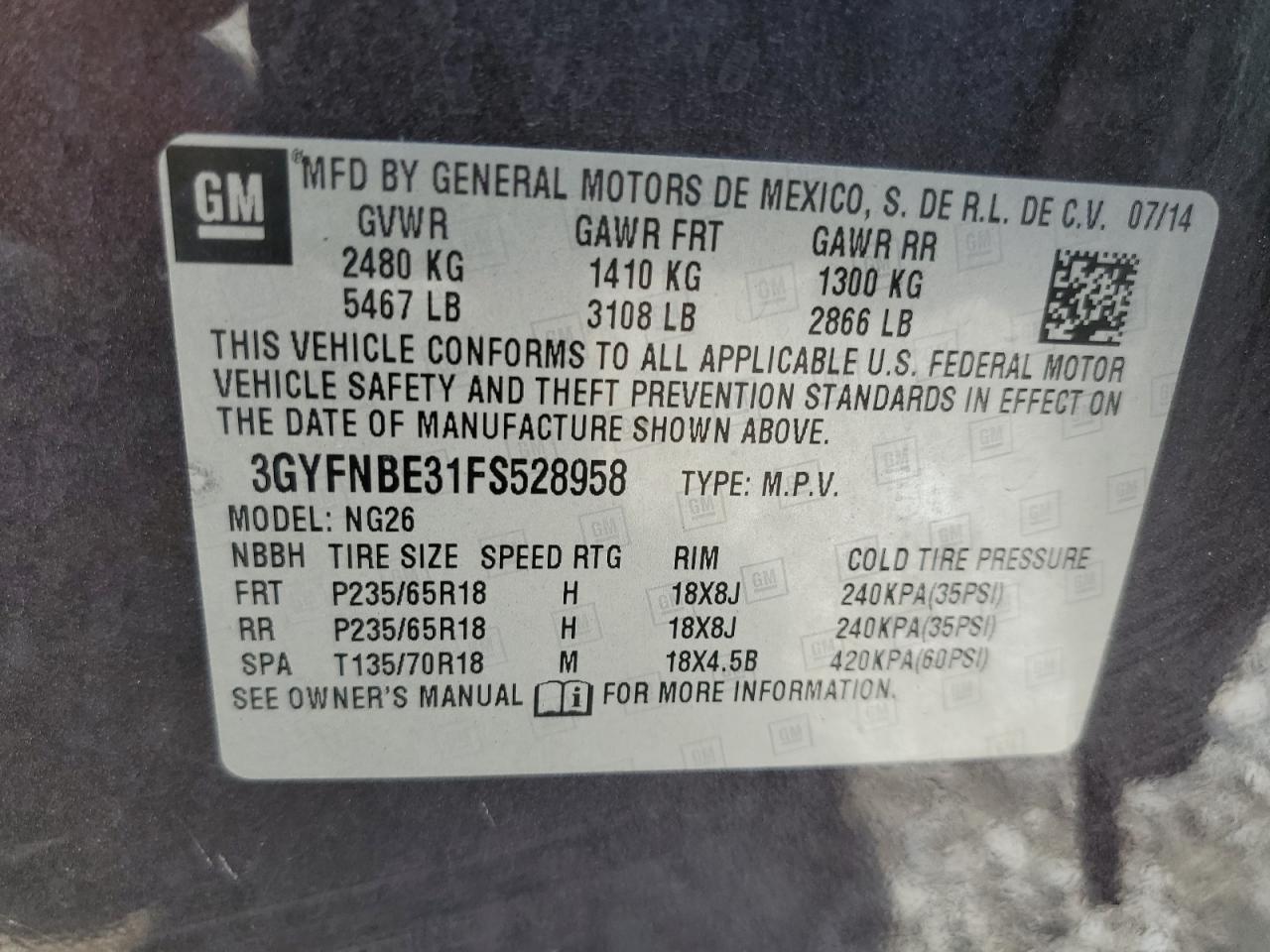 2015 Cadillac Srx Luxury Collection VIN: 3GYFNBE31FS528958 Lot: 62524785