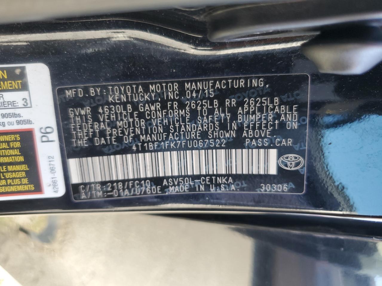 TOYOTA CAMRY 2015 VIN 4T1BF1FK7FU067522 фото 12