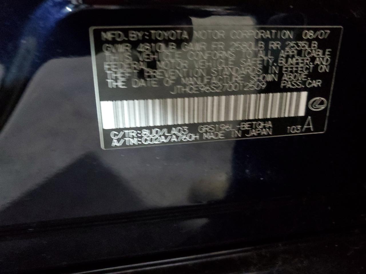 2007 Lexus Gs 350 VIN: JTHCE96S270012509 Lot: 61389005