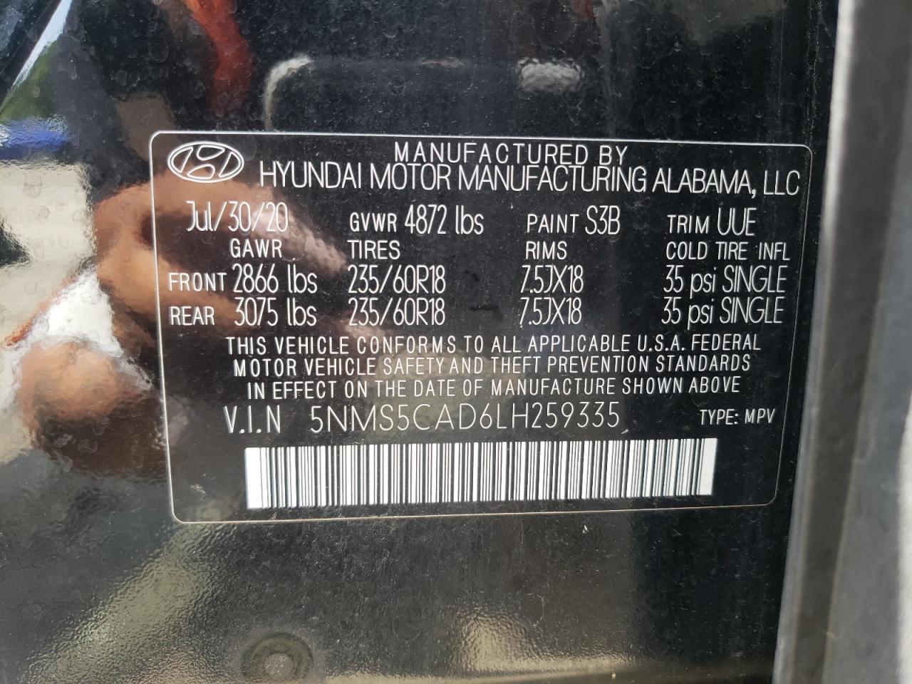 2020 Hyundai Santa Fe Limited VIN: 5NMS5CAD6LH259335 Lot: 62768185