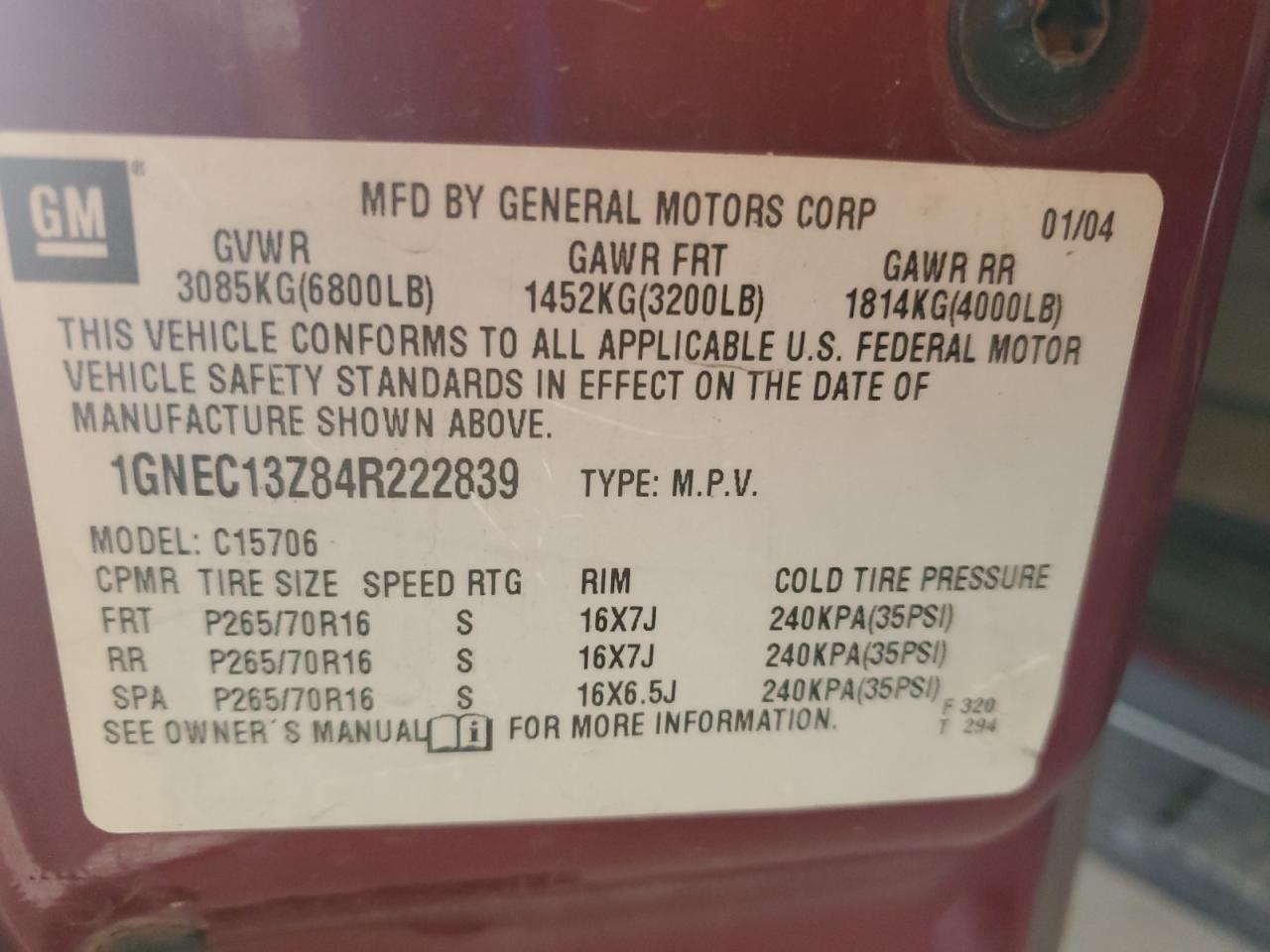 2004 Chevrolet Tahoe C1500 VIN: 1GNEC13Z84R222839 Lot: 62787765