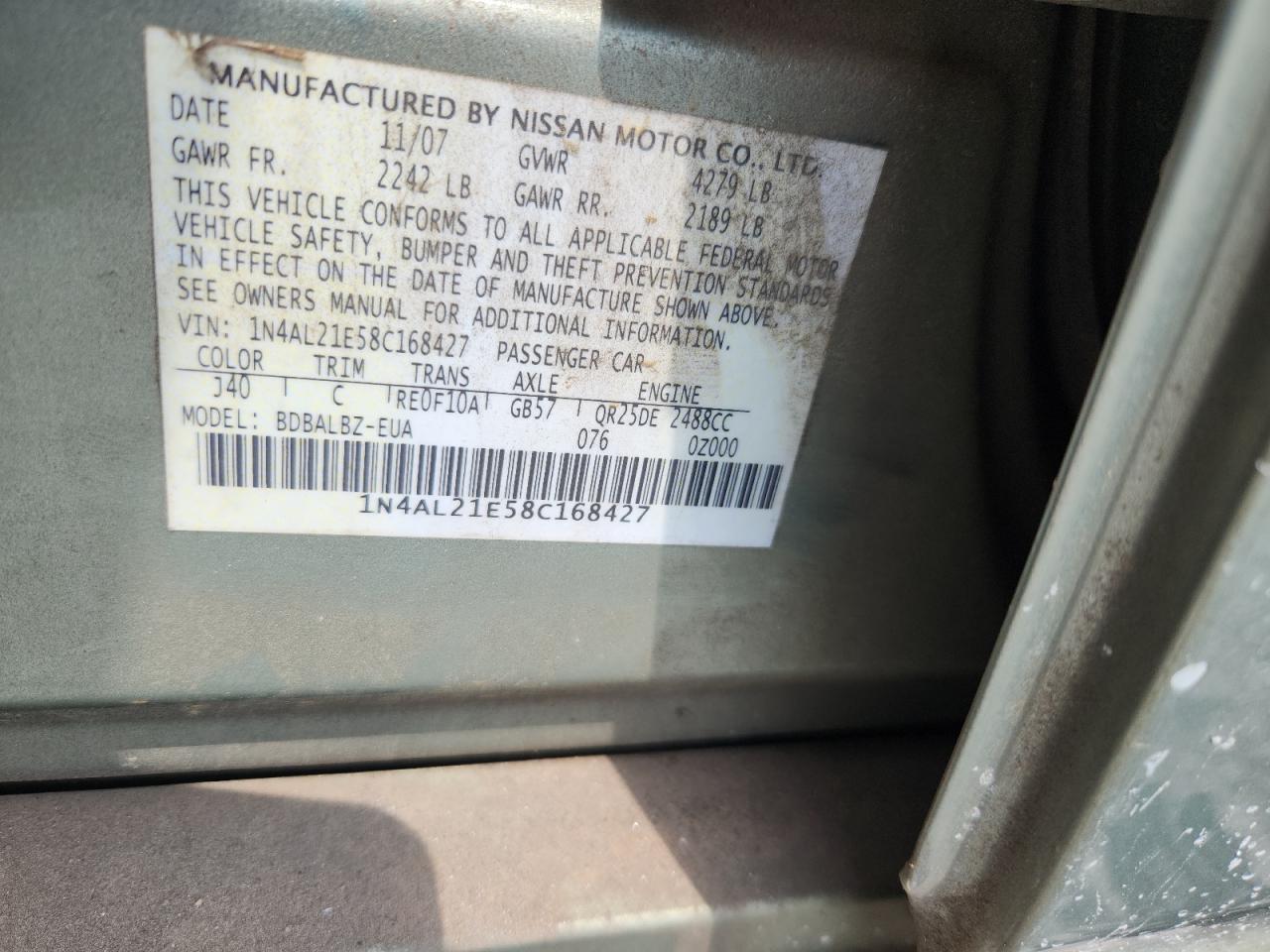 2008 Nissan Altima 2.5 VIN: 1N4AL21E58C168427 Lot: 62781395