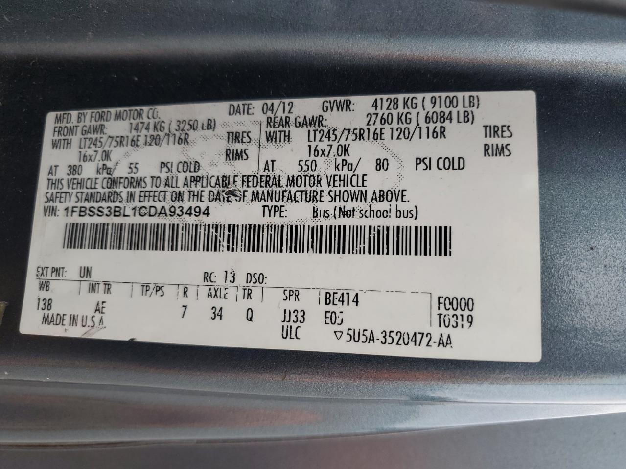2012 Ford Econoline E350 Super Duty Wagon VIN: 1FBSS3BL1CDA93494 Lot: 61737455