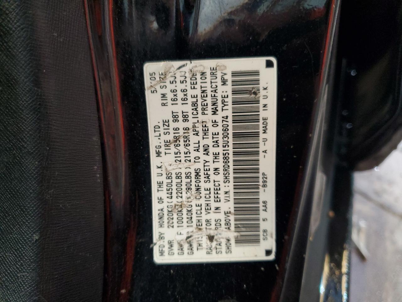 2005 Honda Cr-V Lx VIN: SHSRD68515U306074 Lot: 62413385