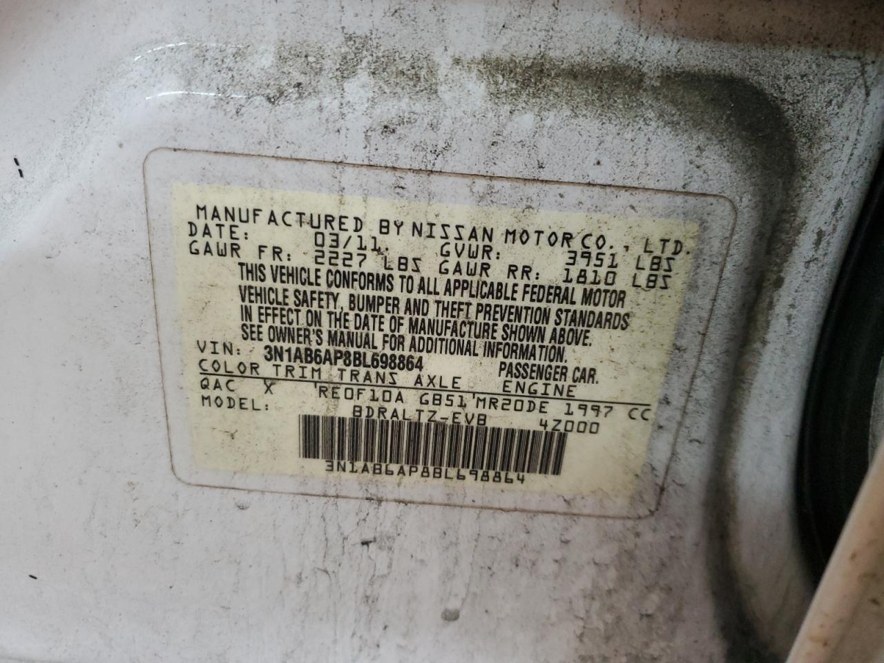 2011 Nissan Sentra 2.0 VIN: 3N1AB6AP8BL698864 Lot: 58516455