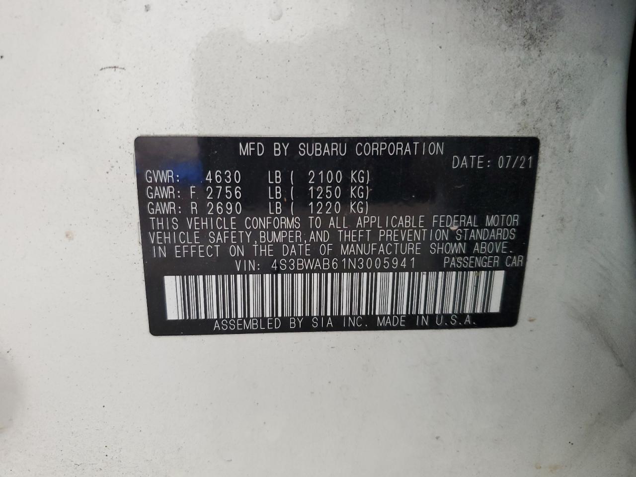 2022 Subaru Legacy VIN: 4S3BWAB61N3005941 Lot: 60133045