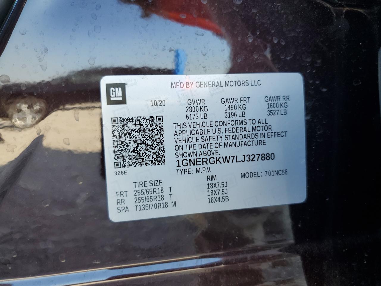 2020 Chevrolet Traverse Lt VIN: 1GNERGKW7LJ327880 Lot: 61910725