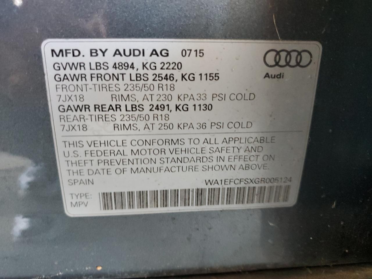 2016 Audi Q3 Premium Plus VIN: WA1EFCFSXGR005124 Lot: 61741275