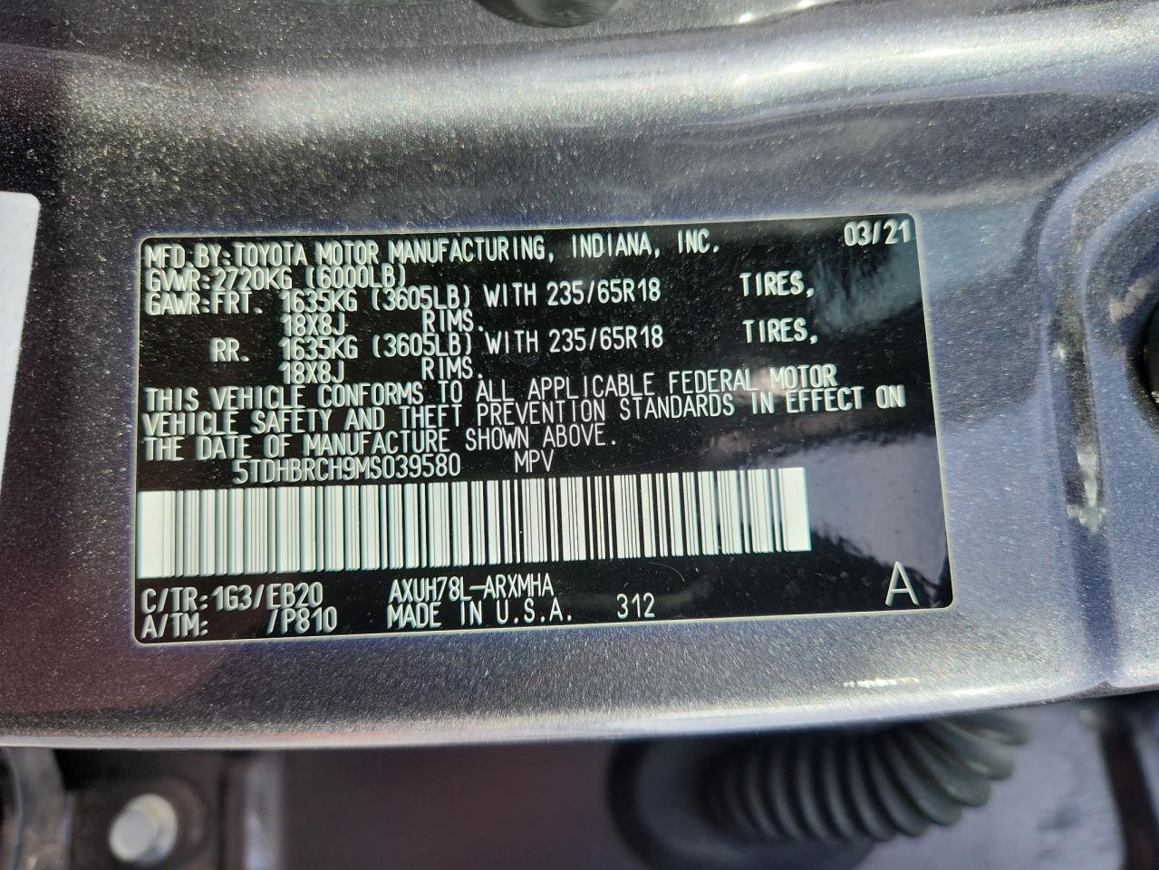 2021 Toyota Highlander Hybrid Xle VIN: 5TDHBRCH9MS039580 Lot: 62305685