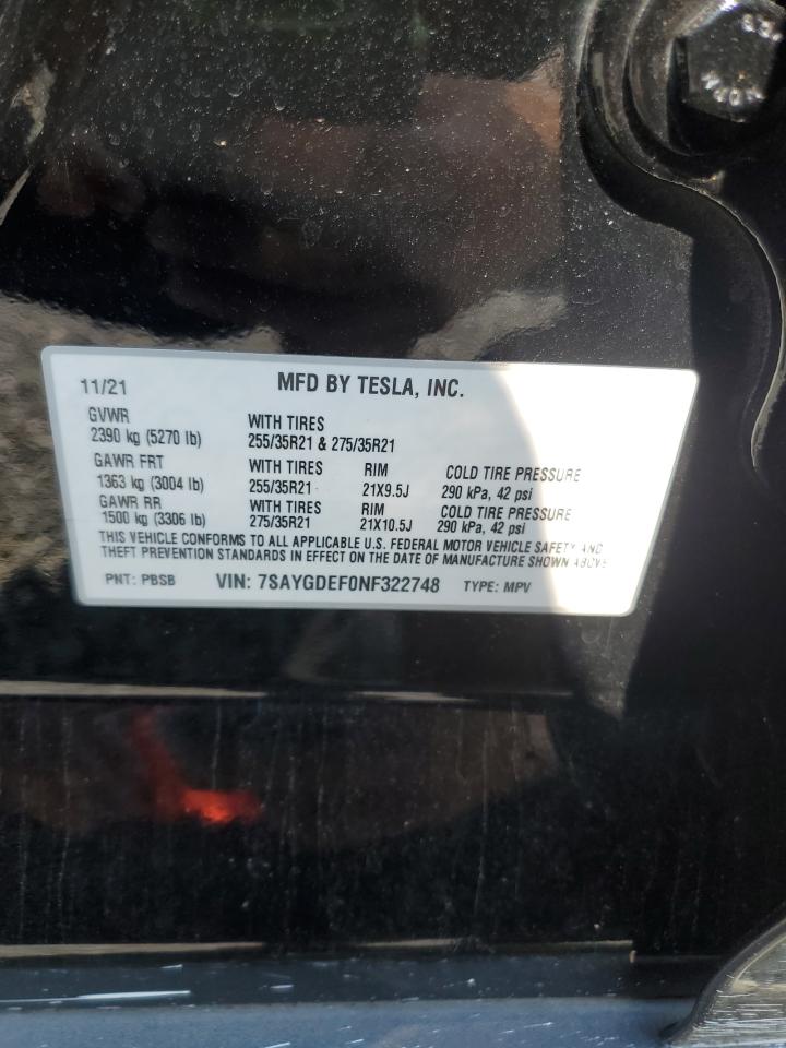 2022 Tesla Model Y VIN: 7SAYGDEF0NF322748 Lot: 59159845